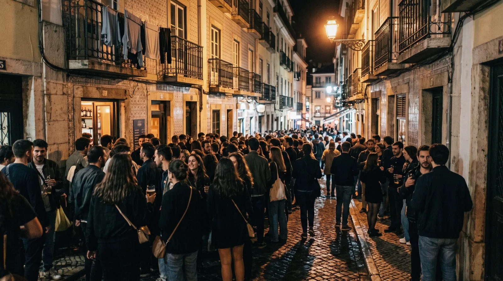 Rua da Atalaia in Bairro Alto at eleven on a warm Friday night, bar doorways lit and the crowd standing in the narrow street, the centre of Lisbon nightlife