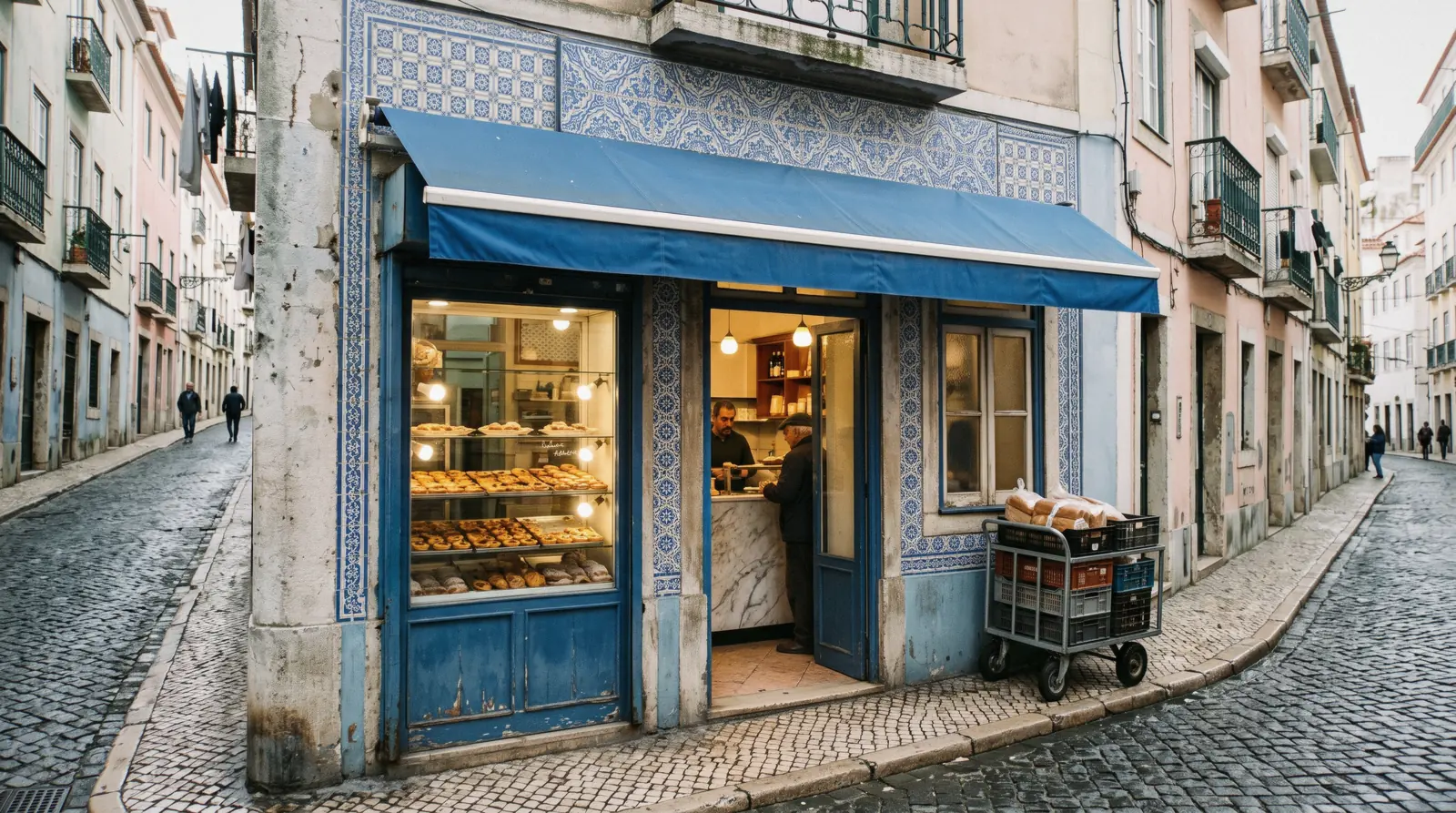 The blue-and-white tiled shopfront of Pastéis de Belém on Rua de Belém at 08:15 with the first customers at the takeaway counter, Pastéis de Belém Lisbon