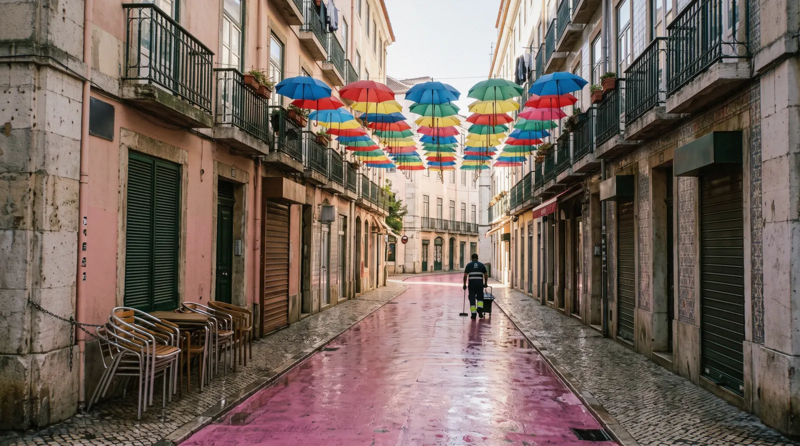 The pink-painted roadway of Rua Nova do Carvalho under a canopy of umbrellas at 09:15 with shutters still down, Pink Street Lisbon