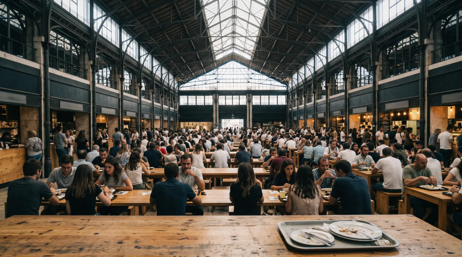 The iron-and-glass hall of the Mercado da Ribeira with the long shared tables filling at 12:40, Time Out Market Lisbon