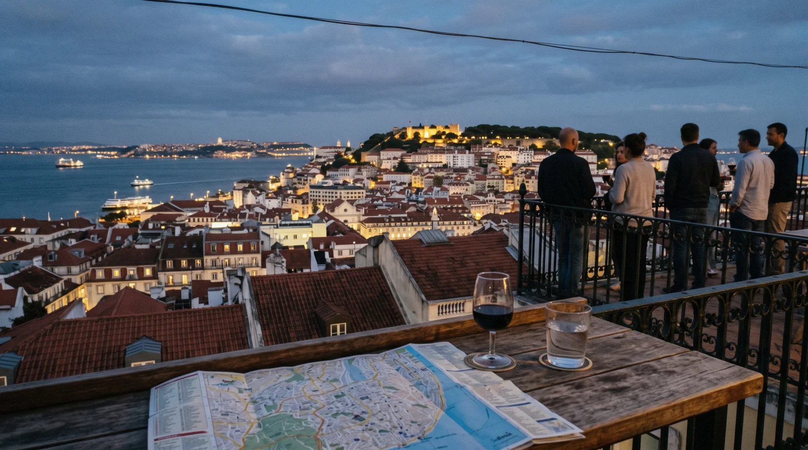 Rooftops of Baixa and the Tagus from a hotel terrace on Rua Garrett in Chiado at dusk, the view that decides where to stay in Lisbon